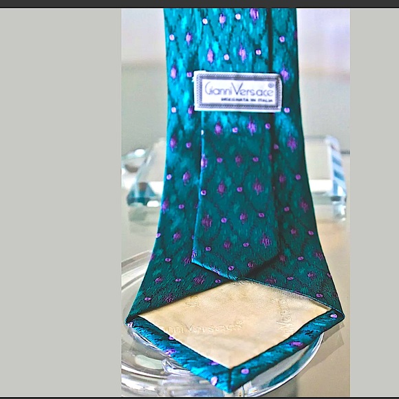 GIANNI VERSACE MENS TIE TEAL SILK FRANK STELLA 80s VINTAGE - Picture 8 of 8